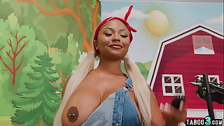 Obese boobed ebony farmgirl Eva Idea milking with an increment of gender two tranny dicks